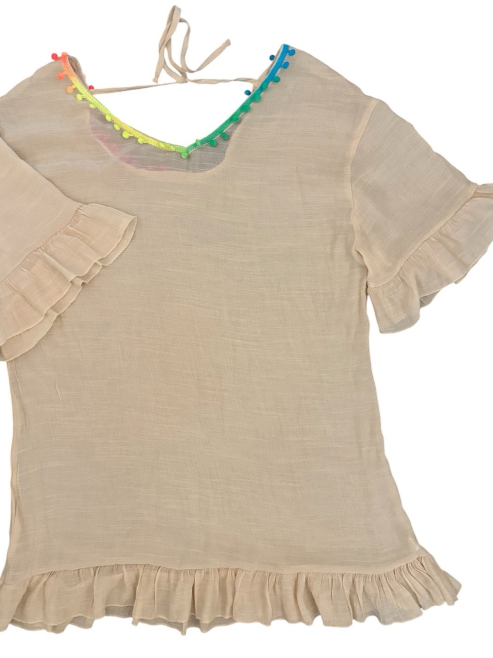 👙NWOT POPVIL Apricot Ruffle Hem Colorful Pom Neckline Swim Cover Up